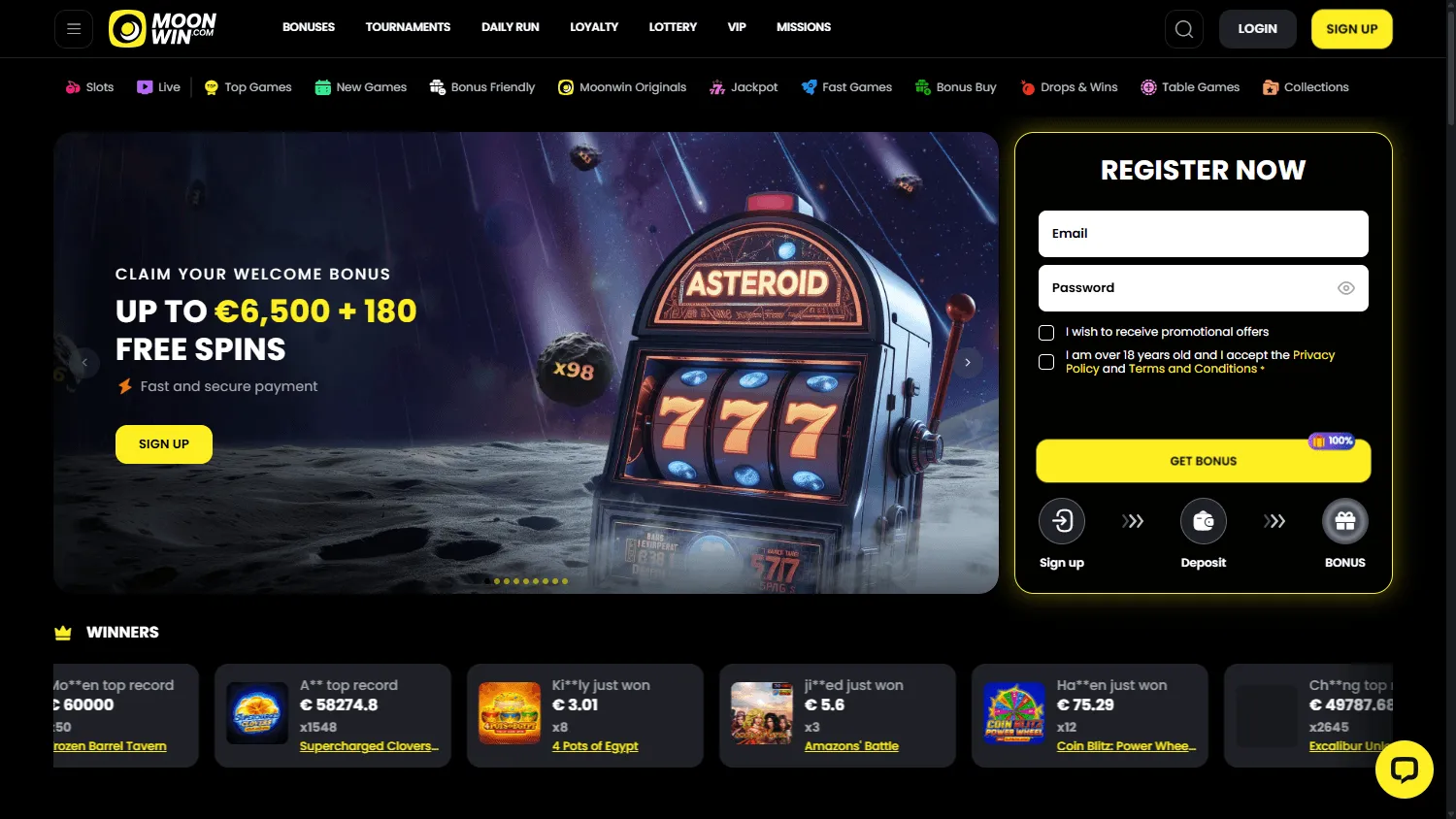 Moonwin Casino desktop home screen