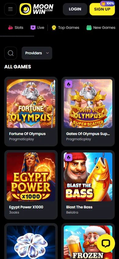 Moonwin Casino mobile games lobby