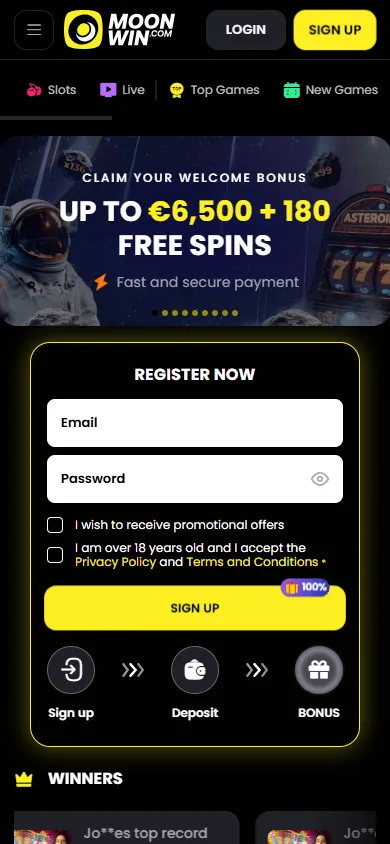 Moonwin Casino mobile home screen